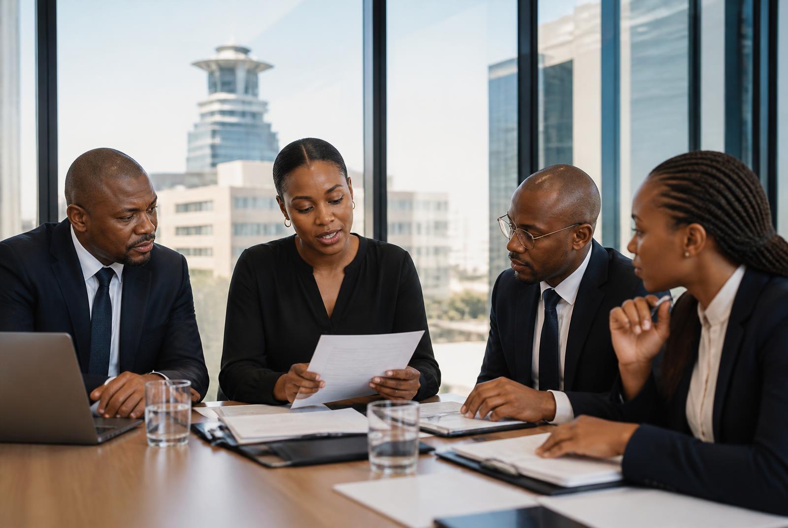 South African business professionals in a modern corporate boardroom